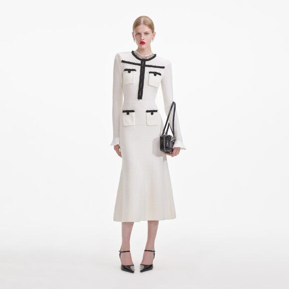 Self-Portrait Dresses & Skirts - SELF-PORTRAIT White Knit Contrast Trim Midi Dress Size L NWOT
